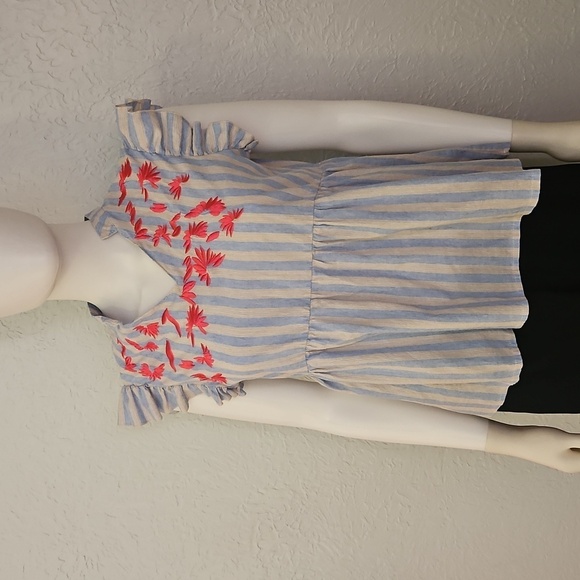 KINDRED Striped Ruffle Sleeve Floral Embroidered Peasant Peplum Babydoll Top - Picture 3 of 8